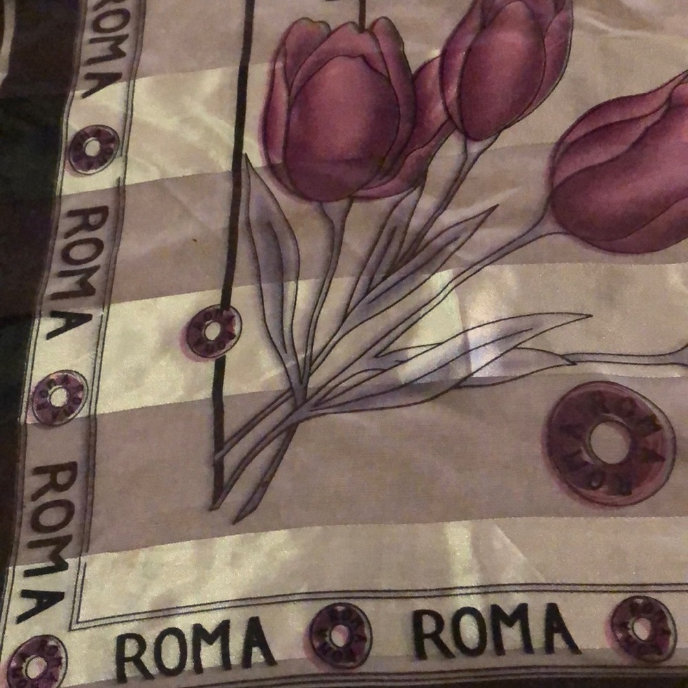 Roma Satin Floral Tulip Print Scarf in Purple, Black and Cream